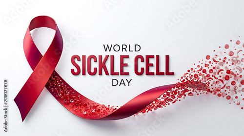 World sickle cell day june 19 red ribbon dissolving into blood cells