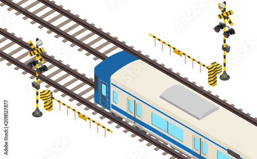アイソメトリックイラスト：電車が通る踏切