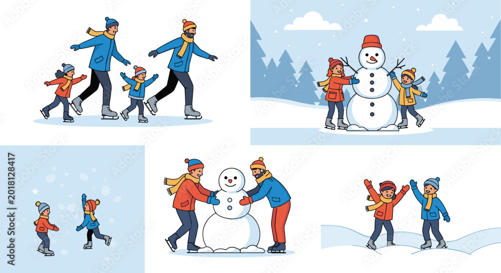 Fototapeta premium Winter themed illustrations showing children ice skating, building snowman, and playing in snow during cold holiday season.