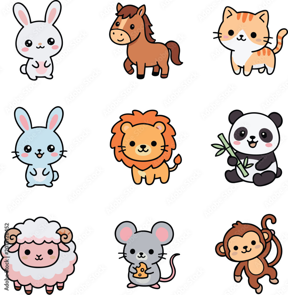 Fototapeta premium Cute Kawaii Animal Character Collection with Rabbit Cat Lion Panda Monkey Horse Sheep and Mouse Illustrations