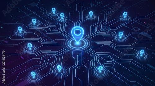 Digital network map with blue glowing location pins connected by data pathways on a dark circuit board background representing global connectivity and advanced telecommunications technology