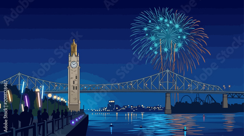 Canvas Print Fireworks explode over the iconic clock tower and bridge at nighttime