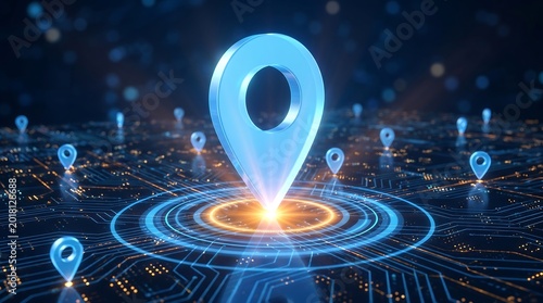 Large blue glowing location pin centered on a high-tech digital circuit board map with smaller interconnected nodes representing global network infrastructure and data connectivity