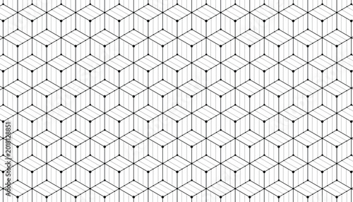 Tableau sur toile Hexagonal Cube Grid Optical Illusion Pattern with Black Outlines and Dot Vertice