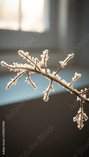 Frosted branch dusted with subtle shimmer, bathed in diffused light ,  christmas,  shimmer