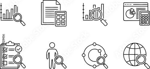Konstfotografi Business data analysis and financial audit line icon set featuring magnifying glass for research and verification