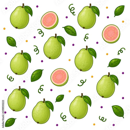 A vibrant seamless pattern featuring whole and halved pink guavas with green leaves and decorative elements on a white background.