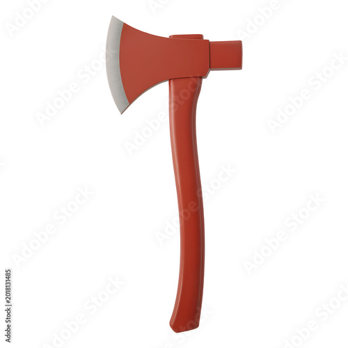 3D red axe with sharp metallic blade isolated, firefighter emergency tool, woodcutting rescue concept icon