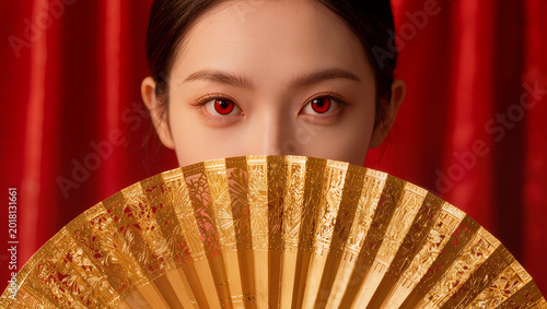 Close up , a golden hand fan is covering down side half face of beautiful woman red eyes , red background , fashion image.
