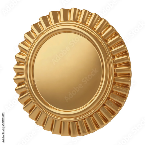Blank 3D gold medal with ridged edge isolated, shiny award coin, achievement winner recognition concept