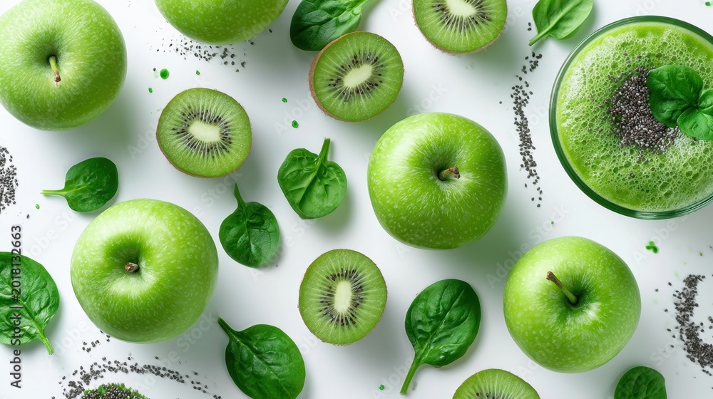 Fototapeta premium Fresh green apple and sliced kiwi fruit with spinach leaf and smoothie drink topped with chia seed on white background healthy vegan diet ingredients concept