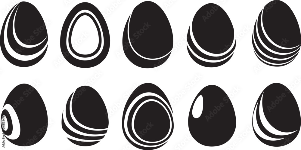 Fototapeta premium Black and white egg icons, oval shapes, abstract designs, vector graphics