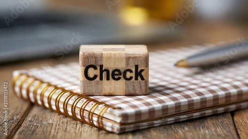 Wooden block with Check text on a checkered notebook
