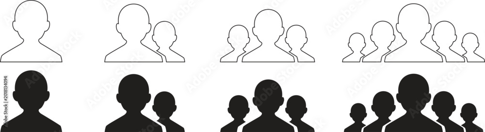 Fototapeta premium User profile and team avatar icon collection featuring single person group and community symbols. Minimal outline and solid silhouettes for social media apps websites and interface design.