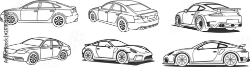 Obraz na plátně Modern sports car outline vector set with luxury sedan and supercar illustrations in side and perspective views
