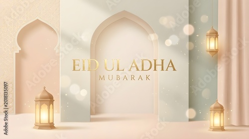 Eid ul adha mubarak greeting card with traditional lanterns and arches in a festive setting with warm lighting and elegant decorations