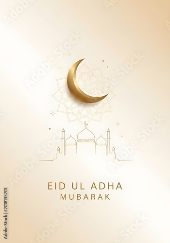 Eid ul adha mubarak greeting card with golden crescent moon and mosque illustration on beige background
