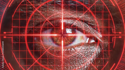 Extreme close-up of a human eye with a red targeting reticle overlay