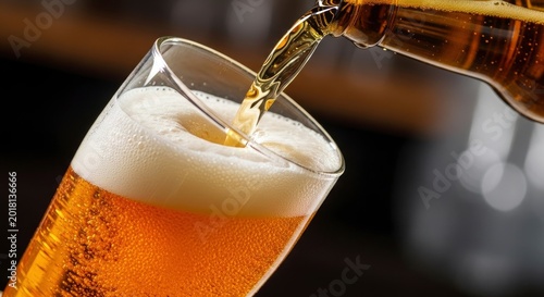 Golden beer being poured from a glass bottle into a clear glass, refreshing alcoholic beverage with foam and bubbles in a bar setting.