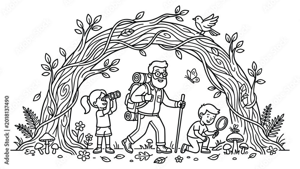Fototapeta premium Father and kids exploring nature with binoculars and magnifying glass in forest setting.