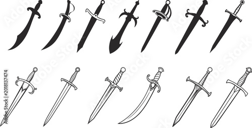 Foto Medieval fantasy sword collection with elegant blades, daggers and curved sabers in vintage outline style