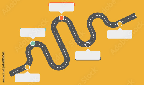 Winding road roadmap infographic template with five milestones and callout boxes on yellow background