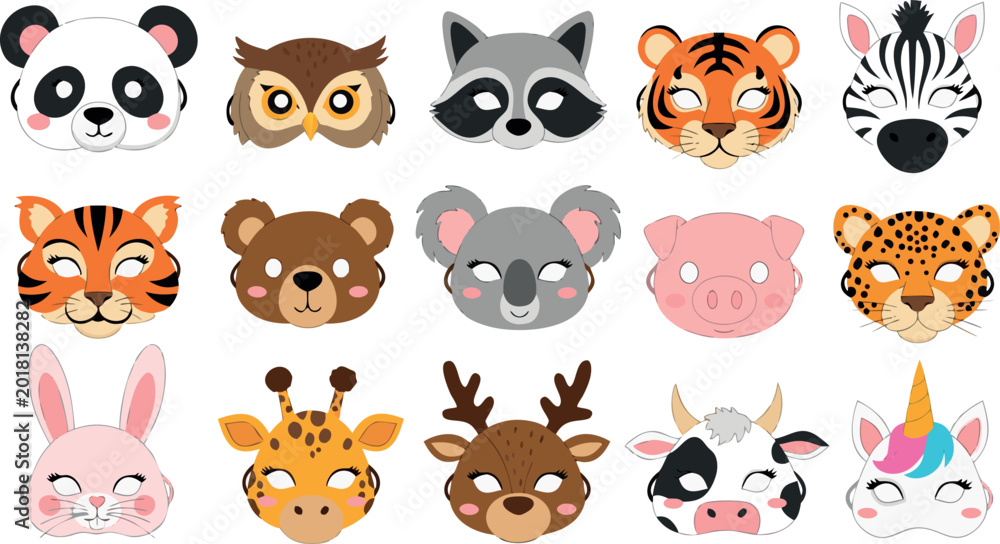 Fototapeta premium Collection of cute animal face masks for kids party photo booth props and digital video filters.