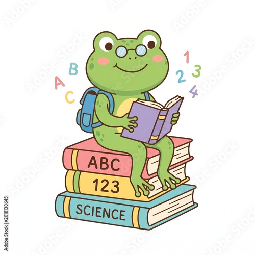 Cute frog Student with Books Kids Educational Cartoon Vector, vector isolated on white