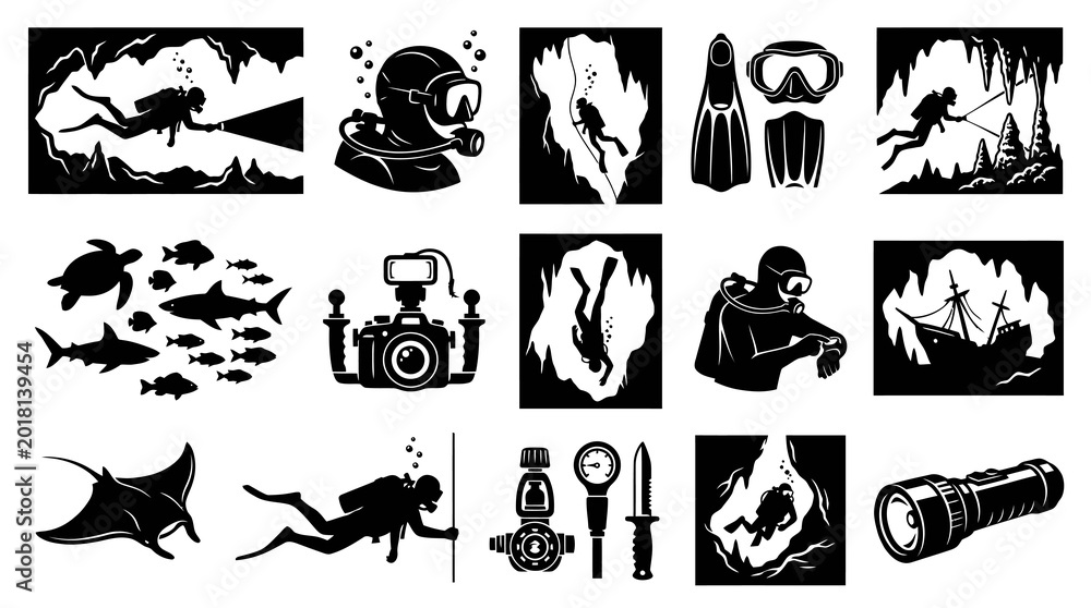 Fototapeta premium Black White Silhouette Icons of Scuba Diving and Underwater Activities