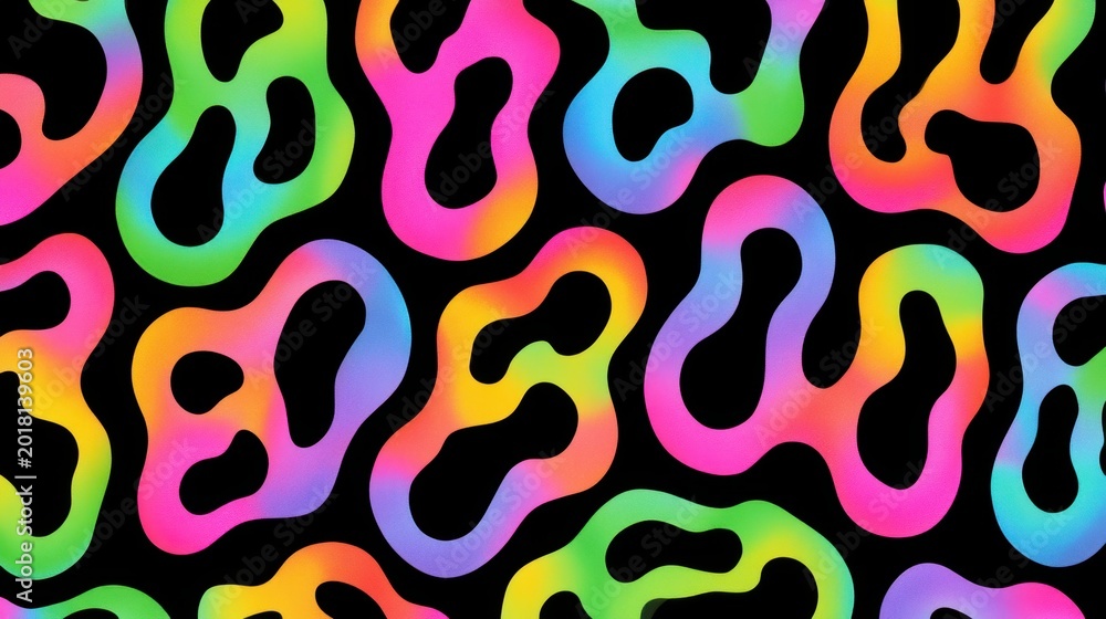 Fototapeta premium Abstract colorful fluid shapes pattern with bright neon gradient colors on black background for modern artistic design and digital creative concept