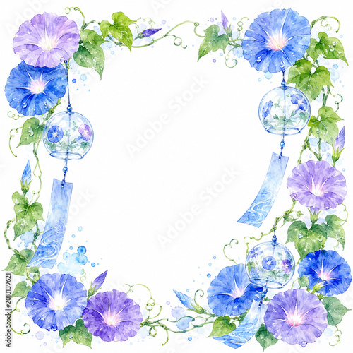 Watercolor Japanese Summer Frame with Morning Glories and Wind Chimes