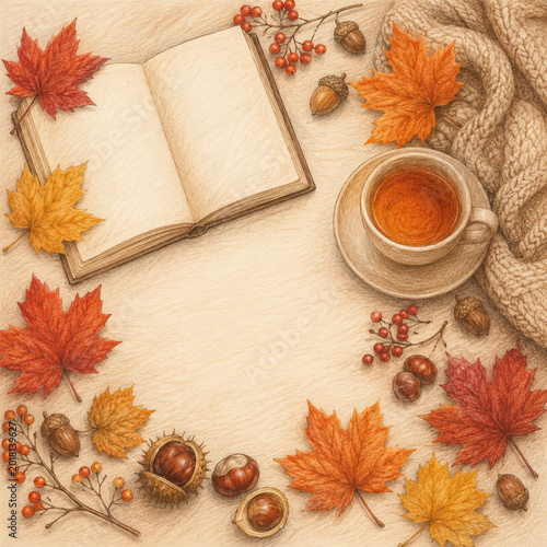 Colored Pencil Autumn Reading Flat Lay with Tea and Maple Leaves
