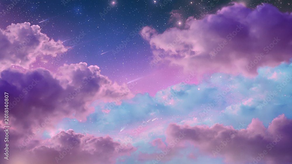 Obraz premium Pink and purple fluffy clouds under starlight