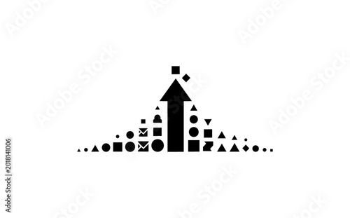 Abstract upward arrow composed of diverse geometric shapes like circles squares and triangles symbolizing growth progress and positive development against a clean white background