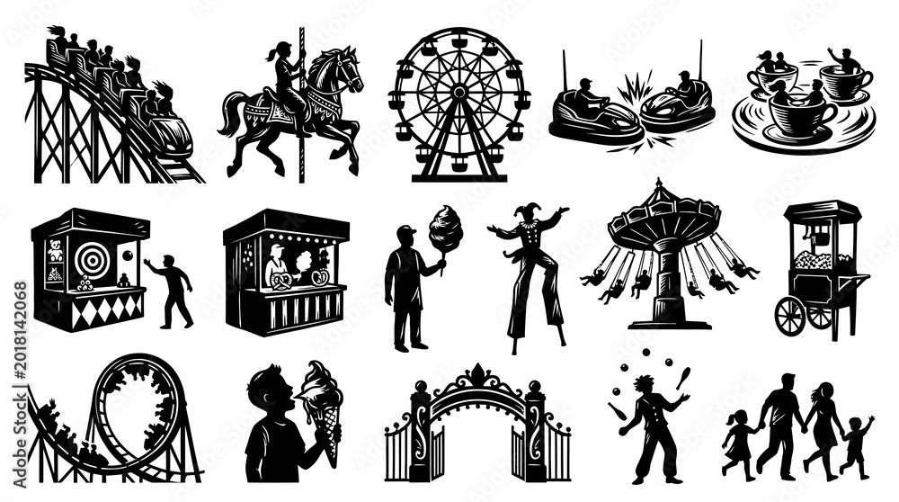 Fototapeta premium Monochromatic Amusement Park and Carnival Glyphs Set: Rides, Attractions, and Fair Icons
