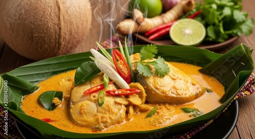 Steaming spicy fish curry served on a banana leaf, traditional Asian seafood dish with herbs and chili garnish.