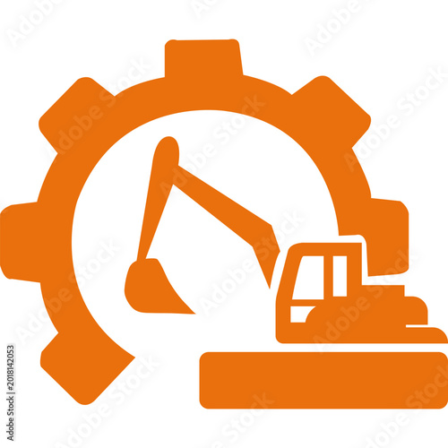 Excavator icon with gear symbol in industrial vector style
