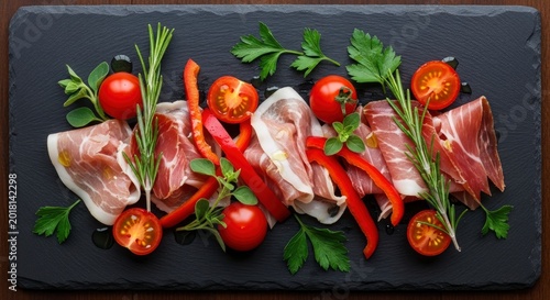 Thinly sliced cured ham arranged with fresh cherry tomatoes, bell pepper strips, rosemary, and herbs on a black stone serving plate.