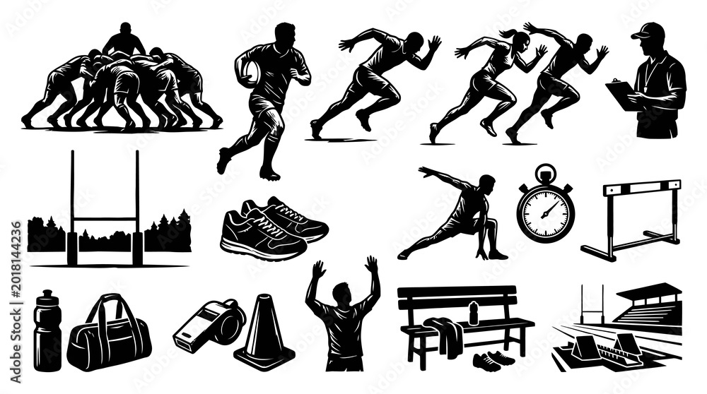 Obraz premium Black and White Sports Vector: Athletes, Equipment, and Stadium