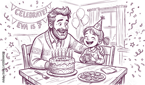 Foto A father and daughter celebrating seventh birthday with cake and party decoratio