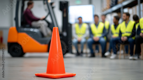 Safety traffic cone in warehouse with forklift and workers during industrial safety training