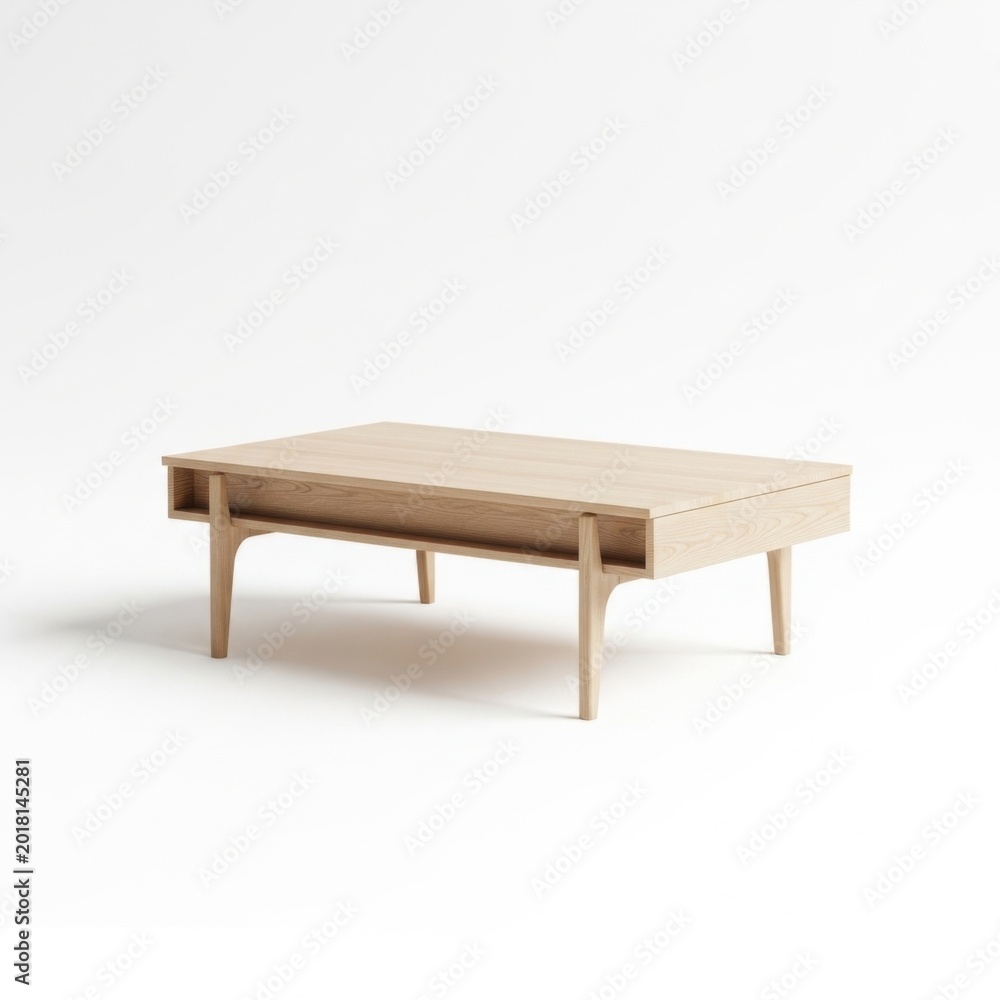 Fototapeta premium Minimalist wooden coffee table with tapered legs isolated on a white background
