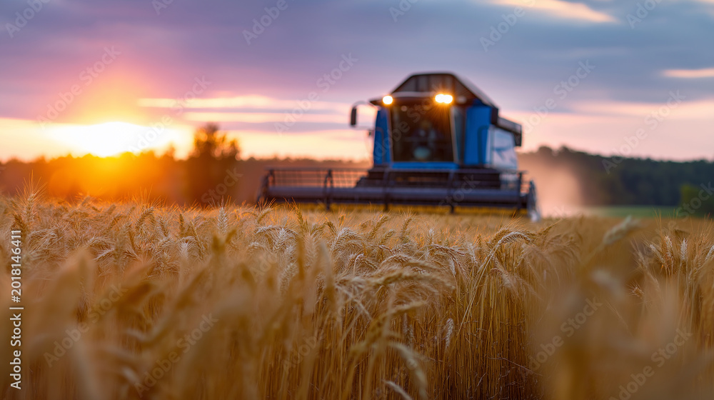 Fototapeta premium Combine harvester working in golden wheat field during sunset agricultural harvest season