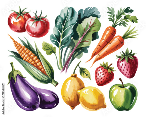 Watercolor Farm Fresh Food Set, Vegetables Fruits Organic Clipart Bundle vector illustration Isolated on White background