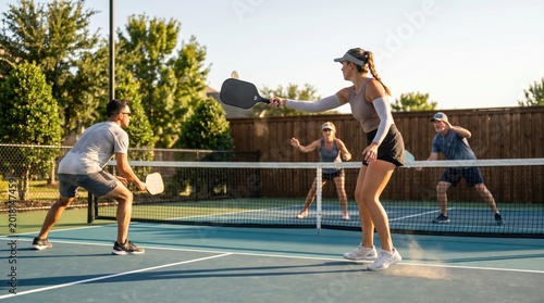 Active friends playing pickleball on outdoor court in sunny backyard. Mixed race and white adults enjoying competitive sport and social fitness on a private recreation court.