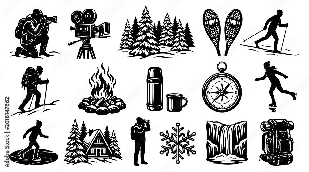 Obraz premium Black White Line Art Icons of Winter Outdoor Activities and Camping