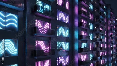 Neon-lit building facades glow with abstract patterns against a dark sky