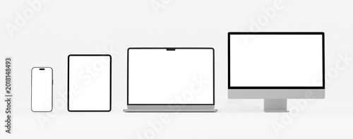 Konstfotografi 3D Render Multi-Device Mockup Set with Smartphone Tablet Laptop and Desktop Comp