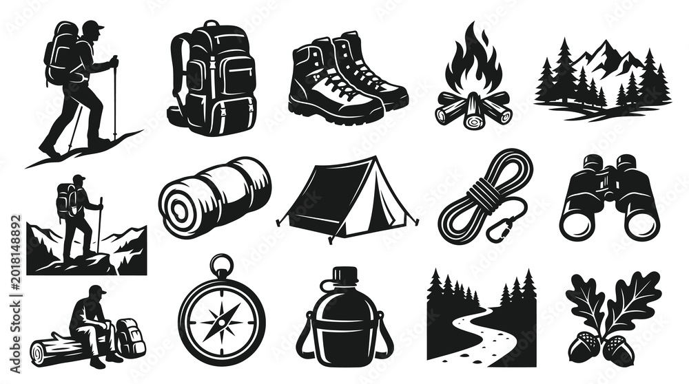 Obraz premium Outdoor Adventure and Camping Icons Set: Black and White Silhouette Vector Elements for Hiking, Nature, and Travel