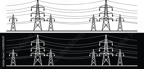 Schilderij op canvas Black and white graphic illustration of multiple electricity pylons supporting p